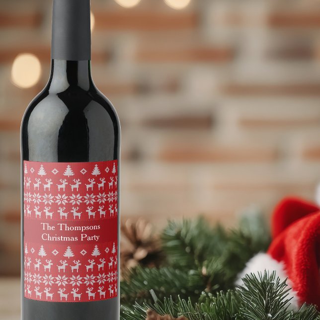 Étiquette Pour Bouteilles De Vin Retro Red Christmas Reindeer Custom Holiday Party (Créateur téléchargé)