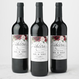 Étiquette Pour Bouteilles De Vin Riche Bourgogne Rouge Blush rose Mariage Floral