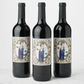 Étiquette Pour Bouteilles De Vin Robe bleue Vintage années 1920 Flapper Art Déco fe