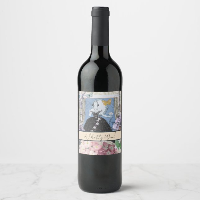 Étiquette Pour Bouteilles De Vin Robe élégante bleue femme florale fantaisie  (Devant)