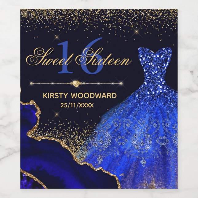 Étiquette Pour Bouteilles De Vin Robe et agate de parties scintillant bleu Aquarell (Étiquettes simples)