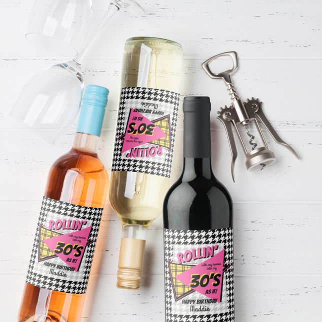 Étiquette Pour Bouteilles De Vin Rollin avec mes amis 90's houndstooth anniversaire (Créateur téléchargé)