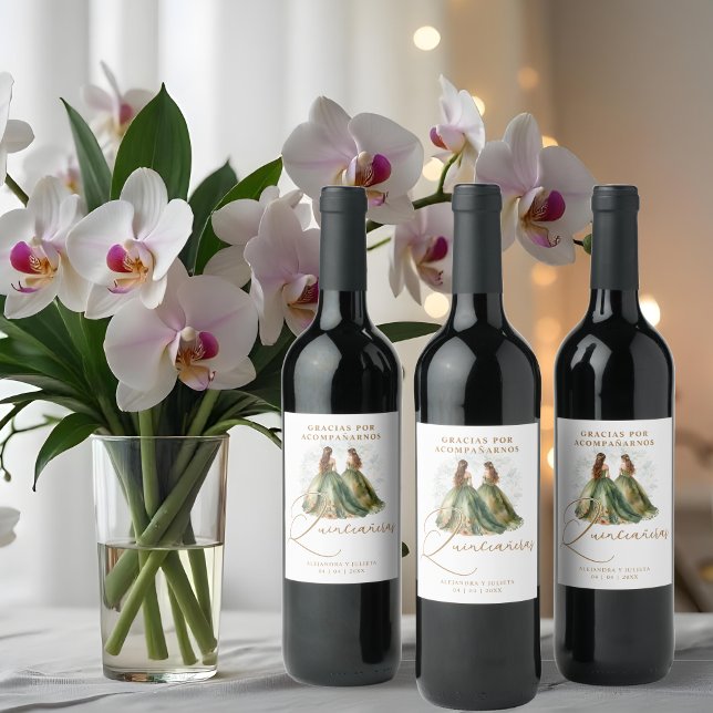 Étiquette Pour Bouteilles De Vin Romantic Spanish Quinceañeras Twins Dolls Green (Romantic Spanish Quinceañeras Twins Dolls in Green and Brown Shades Wine Labels. )