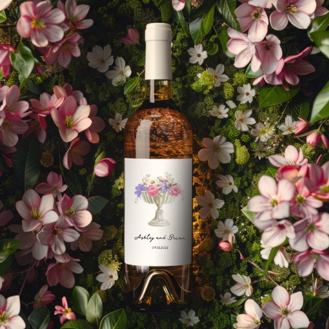 Étiquette Pour Bouteilles De Vin Romantic Tuscan Garden Urn with Flowers Wedding (Créateur téléchargé)