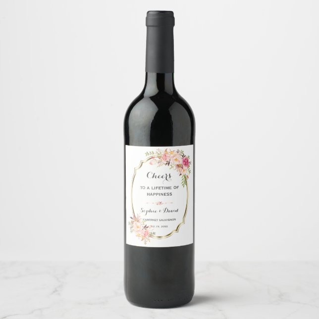 Étiquette Pour Bouteilles De Vin Romantique Blush rose Floral Mariage cadre or (Devant)