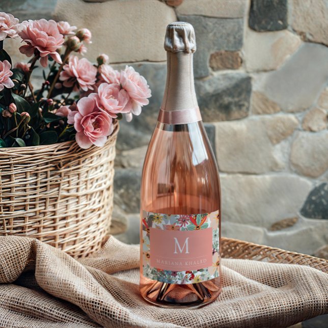 Étiquette Pour Bouteilles De Vin Romantique Floral doux rose vert pêche classique (Créateur téléchargé)