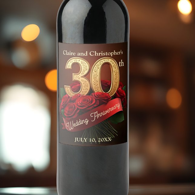 Étiquette Pour Bouteilles De Vin Romantique Red Roses Gold 30e anniversaire Mariage (Créateur téléchargé)