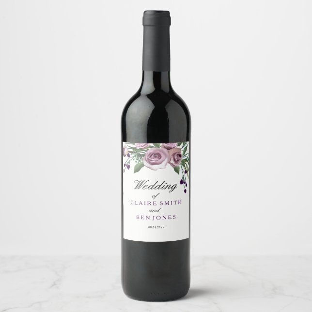 Étiquette Pour Bouteilles De Vin Romantique violet Rose Floral Mariage Étiquette de (Devant)