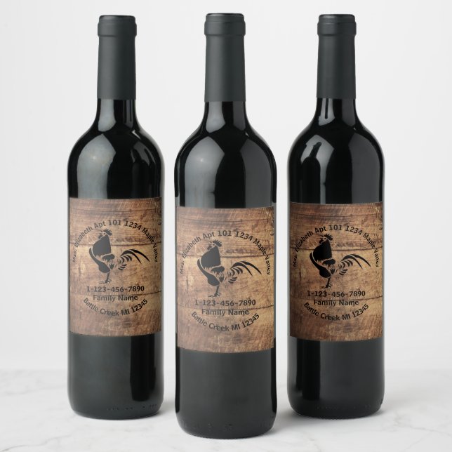 Étiquette Pour Bouteilles De Vin Rooster Silhouette Famille Adresse Domicile (Bouteilles)