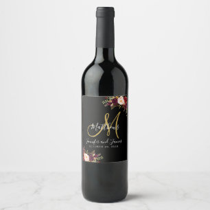 Étiquette Pour Bouteilles De Vin Rose Floral Bourgogne Noir Monogramme Mariage