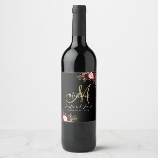 Étiquette Pour Bouteilles De Vin Rose Floral Bourgogne Noir Monogramme Mariage