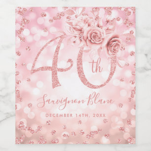 Étiquette Pour Bouteilles De Vin Rose Gold 40e anniversaire Floral Glam Lumières
