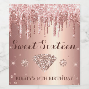 Étiquette Pour Bouteilles De Vin Rose Gold Glitter Drip Seize Ans