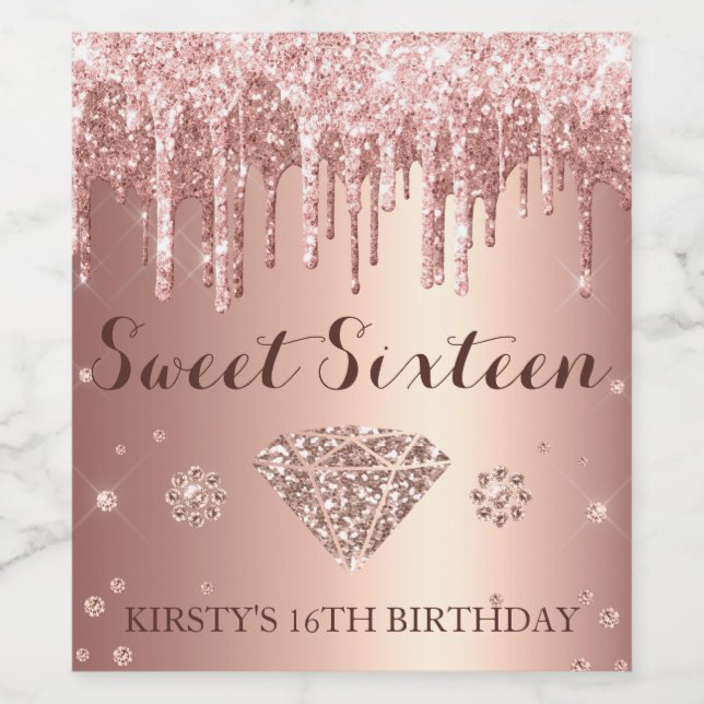 Étiquette Pour Bouteilles De Vin Rose Gold Glitter Drip Seize Ans (Étiquettes simples)
