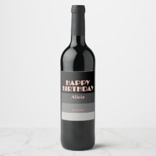 Étiquette Pour Bouteilles De Vin Rose Gold Script Gris noir rayures Anniversaire