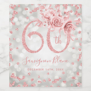 Étiquette Pour Bouteilles De Vin Rose Gold Silver 60e anniversaire Floral Glam Lumi