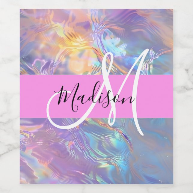 Étiquette Pour Bouteilles De Vin Rose Nom Monogramme Holographique Iridescent (Étiquettes simples)