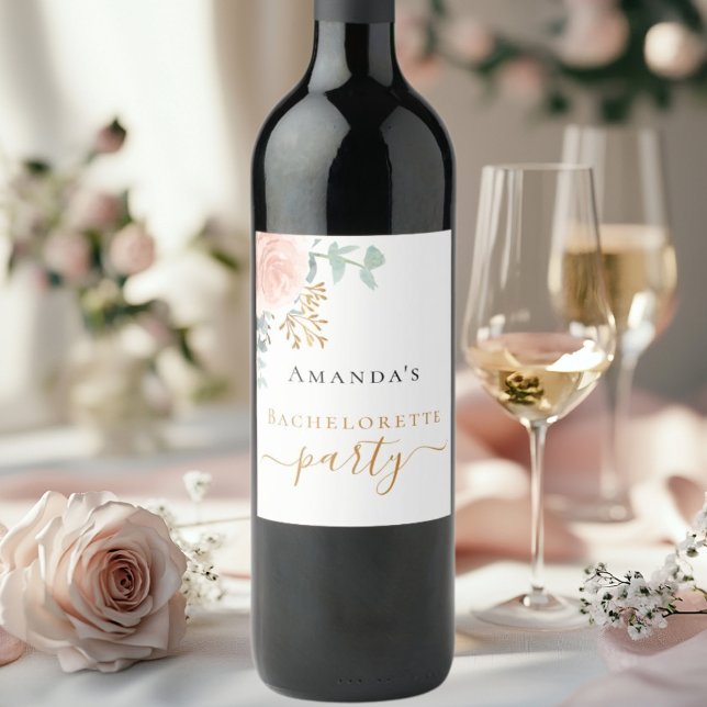 Étiquette Pour Bouteilles De Vin rose or floral eucalyptus Bachelorette Party (Créateur téléchargé)
