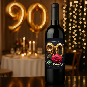 Étiquette Pour Bouteilles De Vin Rose rouge chic sophistiquée Golden 90e anniversai