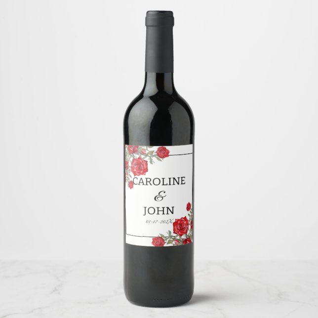 Étiquette Pour Bouteilles De Vin Rose rouge Mariage floral (Devant)