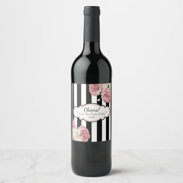 Étiquette Pour Bouteilles De Vin Rose vintage et rayures (Devant)