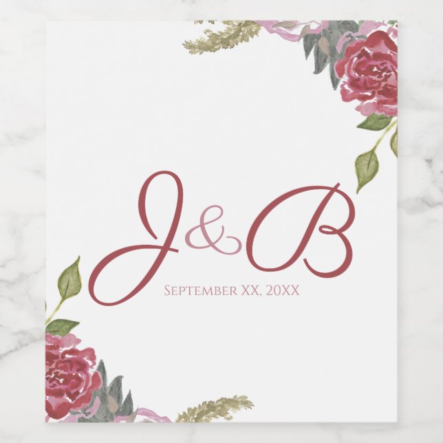 Étiquette Pour Bouteilles De Vin Roses Aquarelles Mariage (Étiquettes simples)