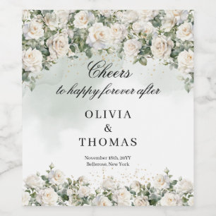 Étiquette Pour Bouteilles De Vin Roses blanches romantiques Eucalyptus Vert et or