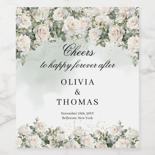 Étiquette Pour Bouteilles De Vin Roses blanches romantiques Eucalyptus Vert et or (Étiquettes simples)