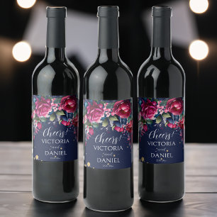 Étiquette Pour Bouteilles De Vin Roses bleu marine rose chaud mariage personnalisé