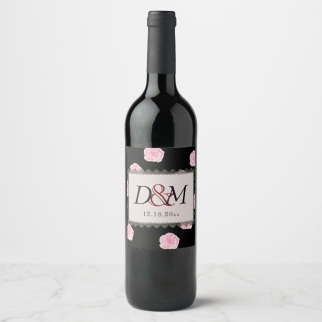 Étiquette Pour Bouteilles De Vin Roses de chou rose et Mariage de dentelle noire (Devant)