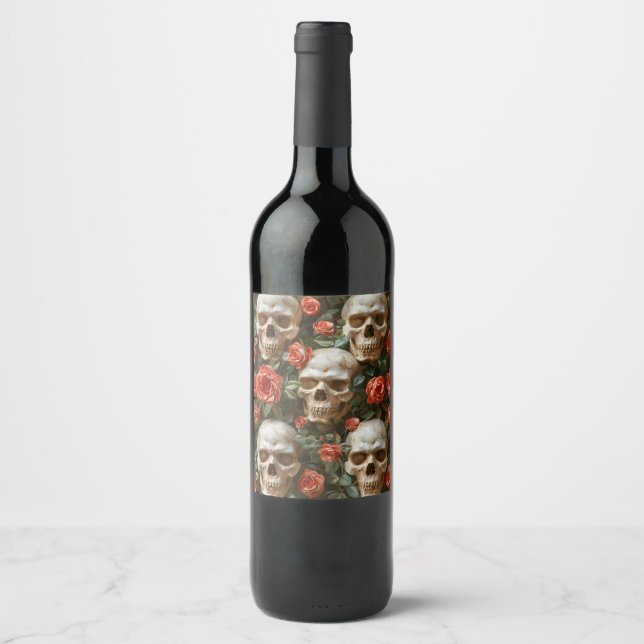 Étiquette Pour Bouteilles De Vin Roses et crânes (Devant)