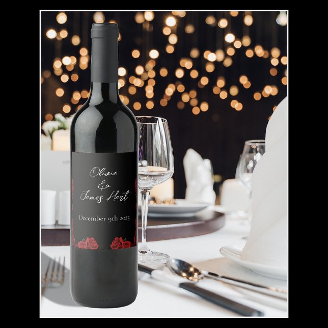Étiquette Pour Bouteilles De Vin Roses rouges Mariage noir blanc (Créateur téléchargé)