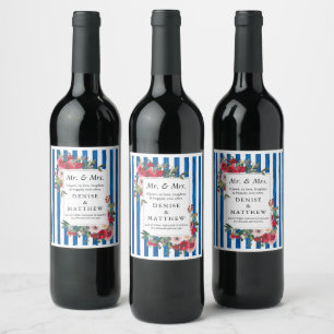 Étiquette Pour Bouteilles De Vin Roses sauvages & Blue Iolite Stripe Étiquette de v