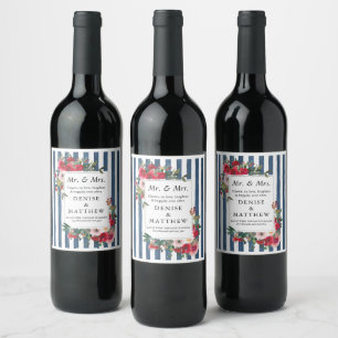 Étiquette Pour Bouteilles De Vin Roses sauvages et Denim noir Étiquette de vin en b