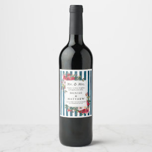 Étiquette Pour Bouteilles De Vin Roses sauvages et minuit Turquoise Étiquette à vin