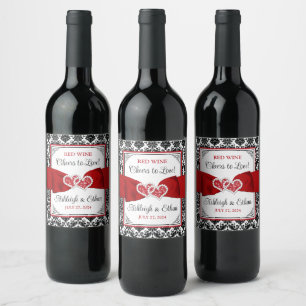 Étiquette Pour Bouteilles De Vin Rouge, Noir, Blanc Damas Amour Coeurs Mariage