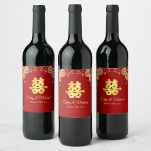 Étiquette Pour Bouteilles De Vin Rouge orange floral chinois mariage double bonheur