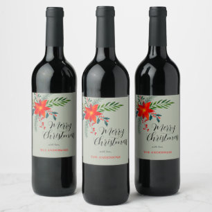 Étiquette Pour Bouteilles De Vin Rouge Poinsettia Joyeux Noël customisé