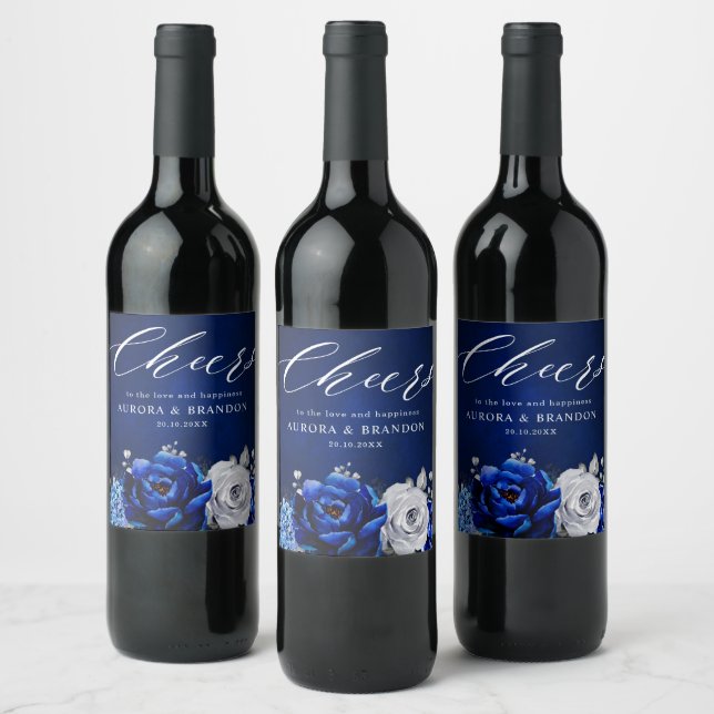 Étiquette Pour Bouteilles De Vin Royal Bleu Blanc Argent Métallique Floral Wi-Fi Ma (Bouteilles)