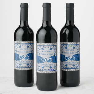 Étiquette Pour Bouteilles De Vin Royal Blue, Grey Love Hearts Mariage Boisson 2