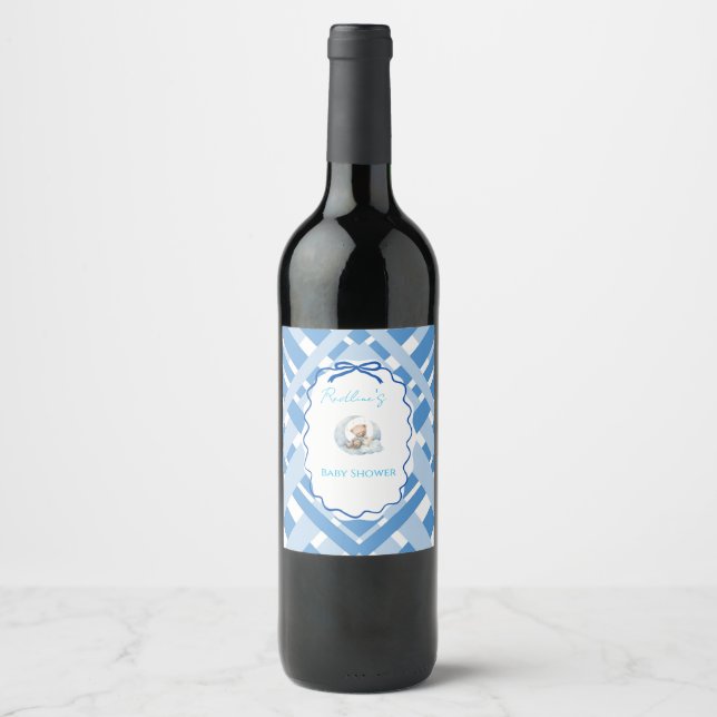 Étiquette Pour Bouteilles De Vin Ruban d'ours de douche bébé garçon carreau bleu (Devant)