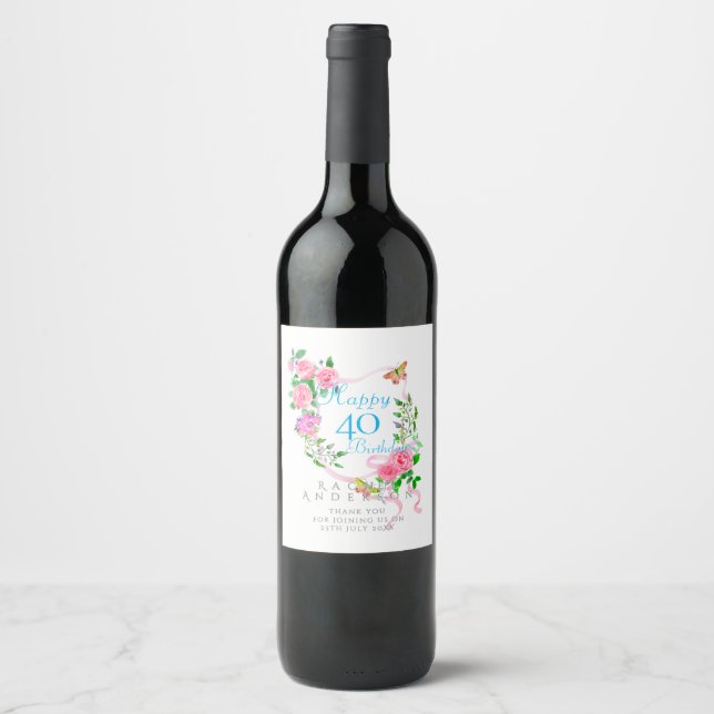 Étiquette Pour Bouteilles De Vin Ruban Rose Rose 40e Anniversaire (Devant)