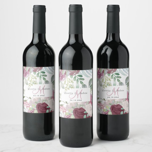 Étiquette Pour Bouteilles De Vin Russe Bourgogne Aquarelle Floral Monogramme Mariag (Bouteilles)
