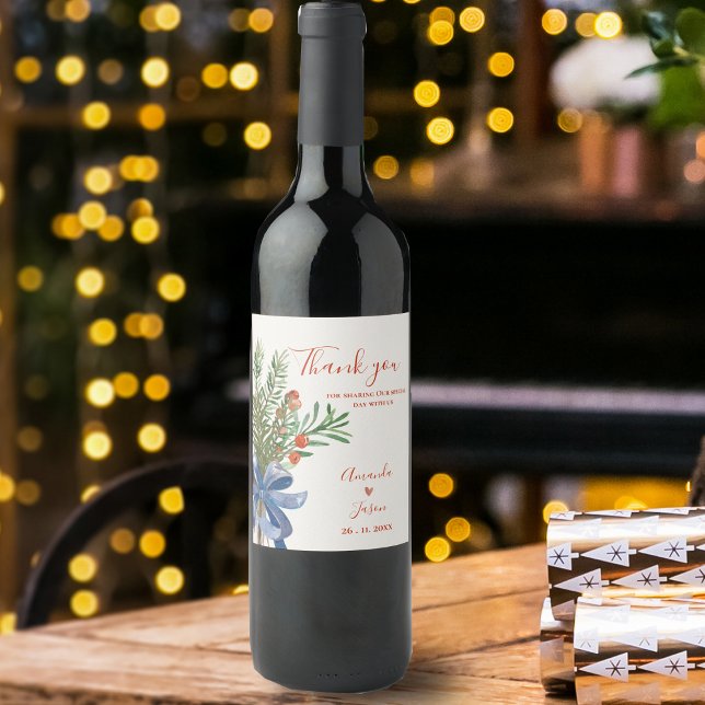 Étiquette Pour Bouteilles De Vin Russe Feuilles verts Red Berries Mariage de Noël (Rustic Green Leaves Red Berries Christmas Wedding Wine Label)