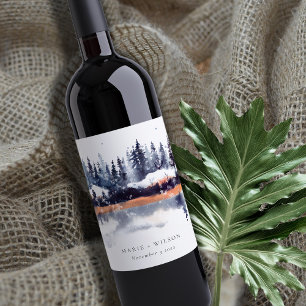 Étiquette Pour Bouteilles De Vin Rust Navy Winter Pine Forest Mariage de neige