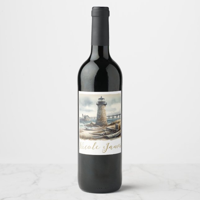 Étiquette Pour Bouteilles De Vin Rustic Coastal Lighthouse Plage de bord de mer Mar (Devant)