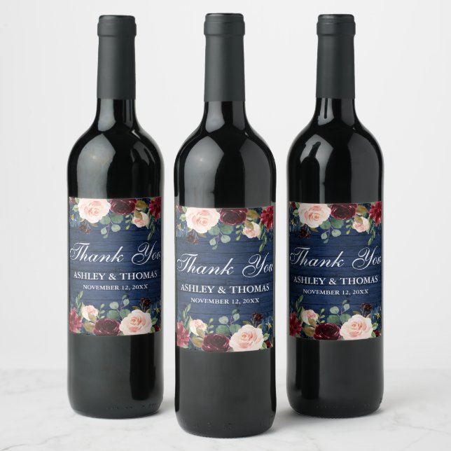 Étiquette Pour Bouteilles De Vin Rustique Bleu Bois Bourgogne Floral Mariage Merci (Bouteilles)