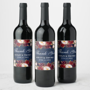 Étiquette Pour Bouteilles De Vin Rustique Bleu Bois Floral Bourgogne Mariage Merci