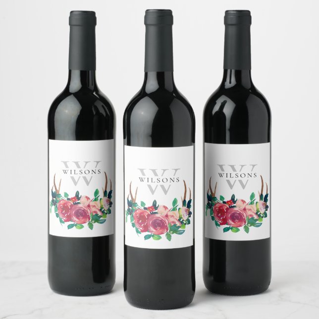 Étiquette Pour Bouteilles De Vin Rustique Boho Rouge Floral Cerf Bois Monogramme (Bouteilles)