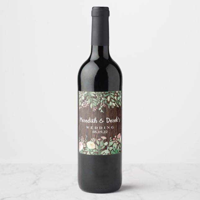 Étiquette Pour Bouteilles De Vin Rustique Bois Blush Floral mariage vin étiquette (Devant)